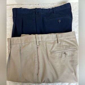 2 Pr Lands End Traditional Fit Navy / Khaki Cotton Pants Sz 37x31 Pleated Cuffed